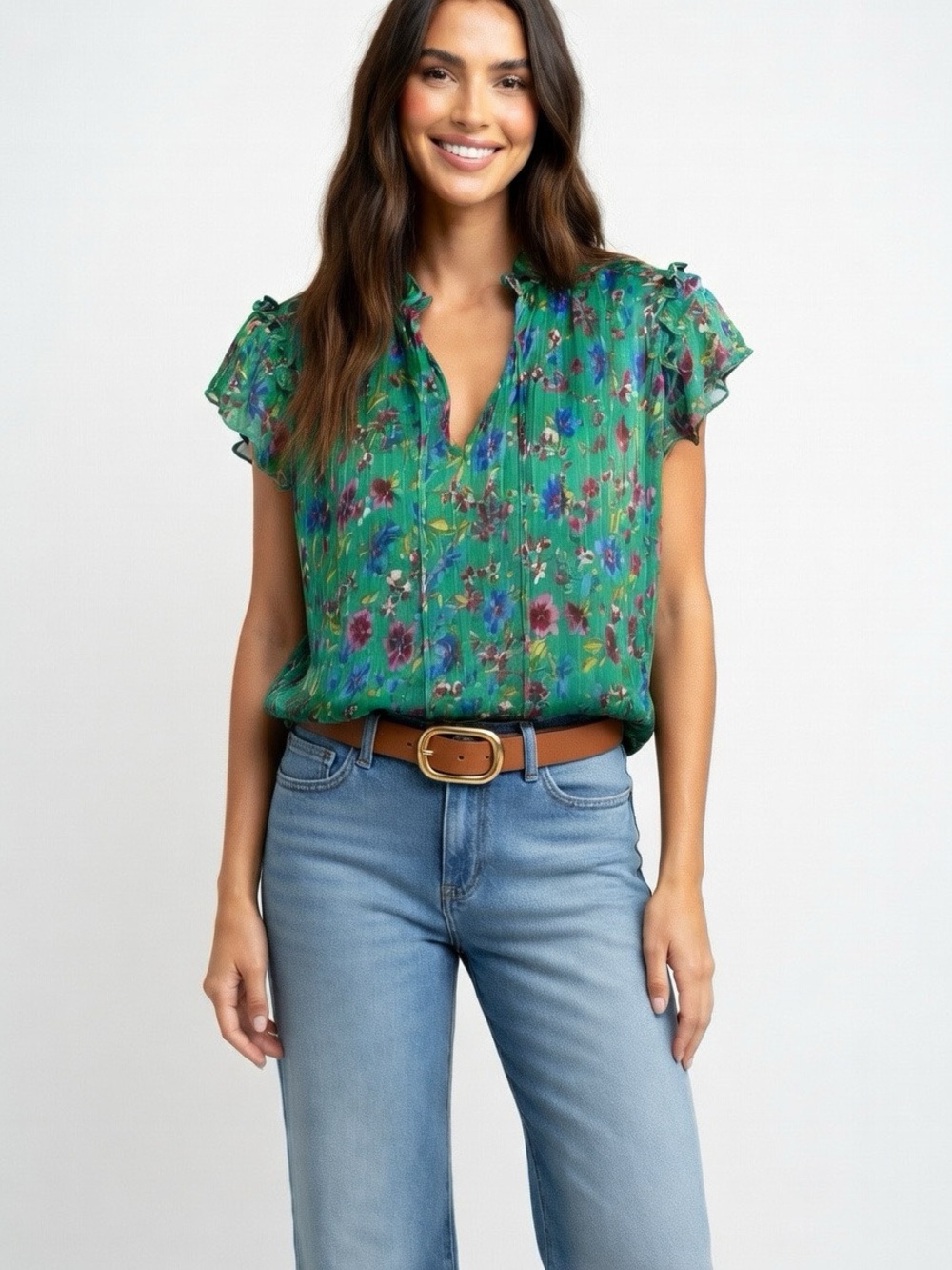 Tamara H Green Floral Gold Thread Flutter-Sleeve Open Neck Top